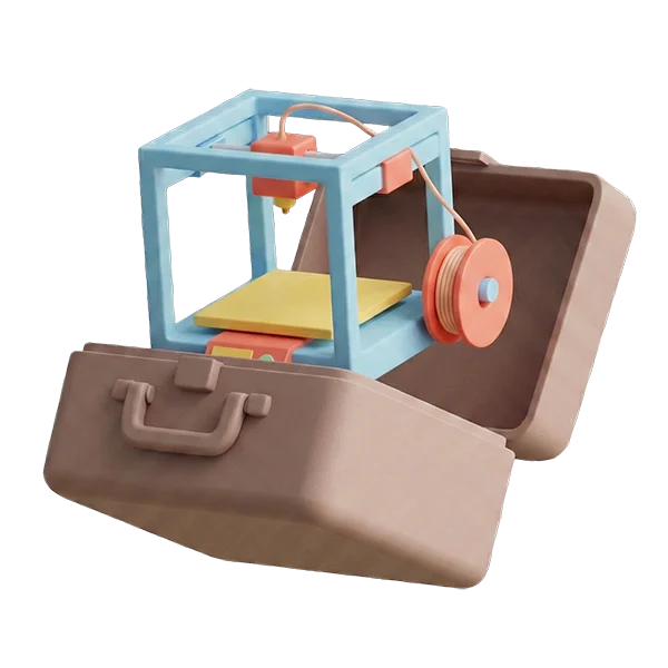 En åben, brun kuffert med en lyseblå 3D-printer indeni, komplet med en orange rulle filament