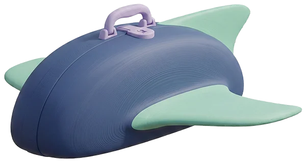 En 3D-illustration af en mørkeblå kuffert formet som et fly med lysegrønne vinger og et lilla håndtag