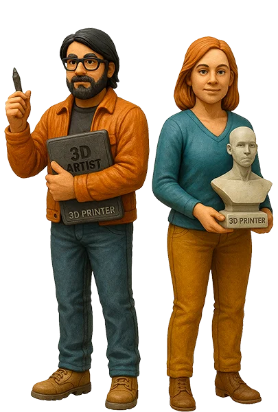 partners En 3D-illustration af to partnere; en mand med briller og skæg, der holder en "3D Artist"-tavle, og en kvinde, der holder en buste med teksten "3D Printer"