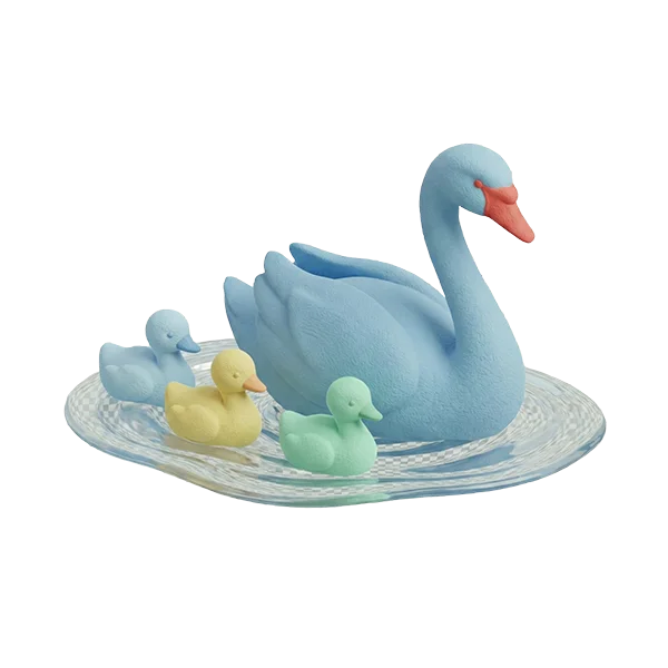 En stor lyseblå 3D-svane svømmer på en gennemsigtig vandflade efterfulgt af tre små ællinger i farverne lyseblå, gul og lysegrøn